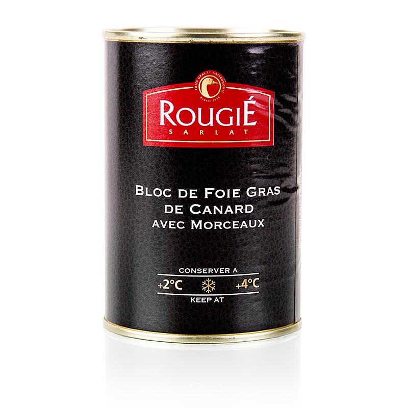 Block of duck liver, with pieces, round, semi-preserved, foie gras, rougie - 400g - can Block of duck liver, with pieces, round, semi-preserved, foie gras, rougie - 400g - can