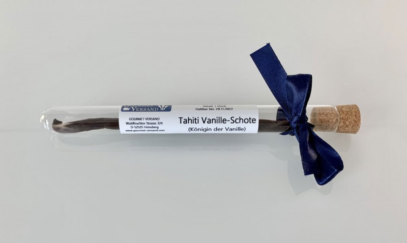 Tahiti Vanille-Schote, die Königin der Vanille, 1 Schote im Reagenzglas mit Schleife - 1 Stück / ca. 5 g - Im Reagenzglas mit Schleife