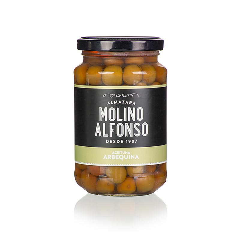 Green olives, with core, arbequina, in lake, Molino Alfonso - 355 g - Glass