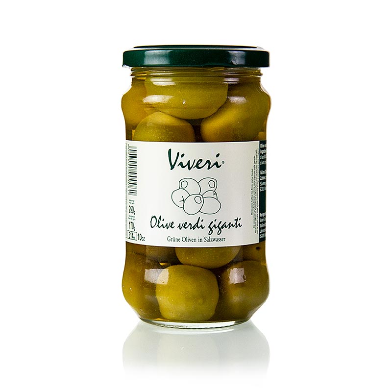 Grønne oliven, med kerne, gigante, i søen, Viveri - 290 g - glas