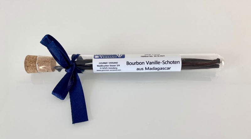 Bourbon Vanille-Schoten aus Madagascar, 3 Schoten im Reagenzglas mit Schleife - 3 Stück / a ca. 3 g - Im Reagenzglas mit Schleife