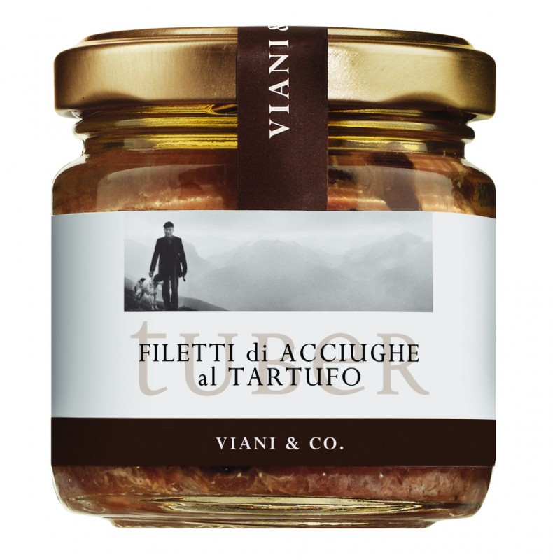 Filetti di Acciughe al Tartufo, Sardellenfilets mit Sommertrüffeln in Öl - 100 g - Glas