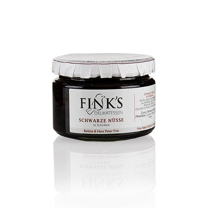 Schwarze Walnüsse, in Scheiben, in kräftigem Sirup, Fink`s Delikatessen - 260 g - Glas Schwarze Walnüsse, in Scheiben, in kräftigem Sirup, Fink`s Delikatessen - 260 g - Glas