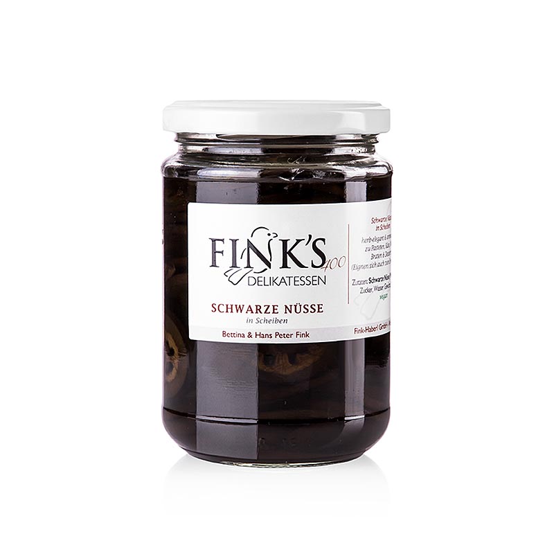 Schwarze Walnüsse, in Scheiben, in kräftigem Sirup, Fink`s Delikatessen - 380 g - Glas Schwarze Walnüsse, in Scheiben, in kräftigem Sirup, Fink`s Delikatessen - 380 g - Glas