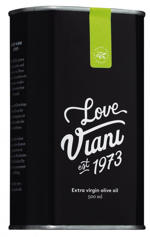 Olio Viani Gentle Love, zwart blik, Arbequina extra vergine olijfolie, zwart blik, Viani - 500 ml - Kan