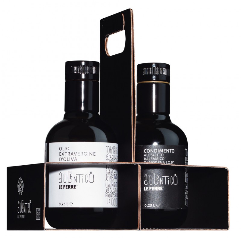 Autentico Duo Olio extra vierge + condimento, huile d`olive + vinaigrette au vinaigre balsamique dans le support, Le Ferre - 6 x 2 x 250 ml - Carton