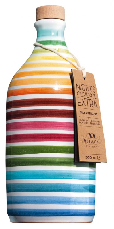 Huile d`olive extra vierge Peranzana Arcobaleno, huile d`olive extra vierge, dans une cruche, Muraglia - 500 ml - Pichet à rayures