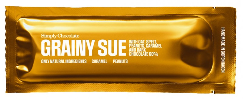 Grainy Sue, Zartbitterschokoladenriegel m.Karamell +Erdnüssen, Simply Chocolate - 40 g - Stück Grainy Sue, Zartbitterschokoladenriegel m.Karamell +Erdnüssen, Simply Chocolate - 40 g - Stück