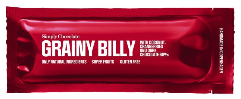 Grainy Billy, Zartbitterschokoladenriegel m.Kokos + Cranberries, Simply Chocolate - 40 g - Stück Grainy Billy, Zartbitterschokoladenriegel m.Kokos + Cranberries, Simply Chocolate - 40 g - Stück