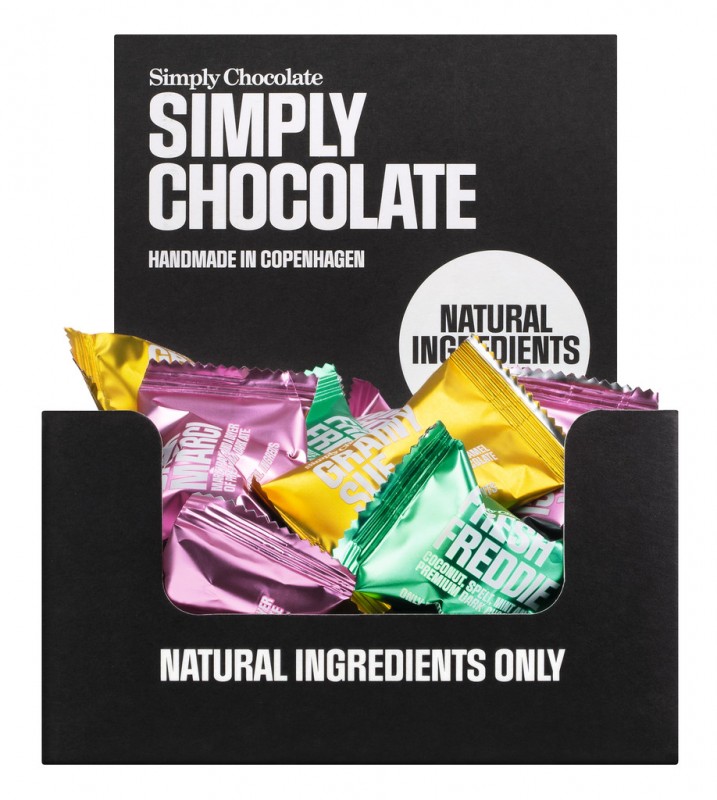 Mixed flavors, colored foil, Zartbitterschokoladenriegel, sortiert, Simply Chocolate - 75 x 10 g - Display Mixed flavors, colored foil, Zartbitterschokoladenriegel, sortiert, Simply Chocolate - 75 x 10 g - Display