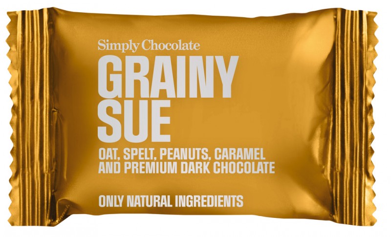 Grainy Sue, Zartbitterschokoladenriegel mini Karamell,Erdnüsse, Simply Chocolate - 75 x 10 g - Display Grainy Sue, Zartbitterschokoladenriegel mini Karamell,Erdnüsse, Simply Chocolate - 75 x 10 g - Display