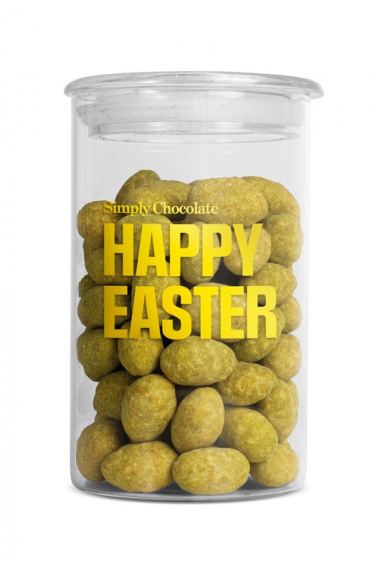 Happy Easter, Geröstete Mandeln m. Zitrone + Matcha in w. Schoko, Simply Chocolate - 280 g - Glas Happy Easter, Geröstete Mandeln m. Zitrone + Matcha in w. Schoko, Simply Chocolate - 280 g - Glas