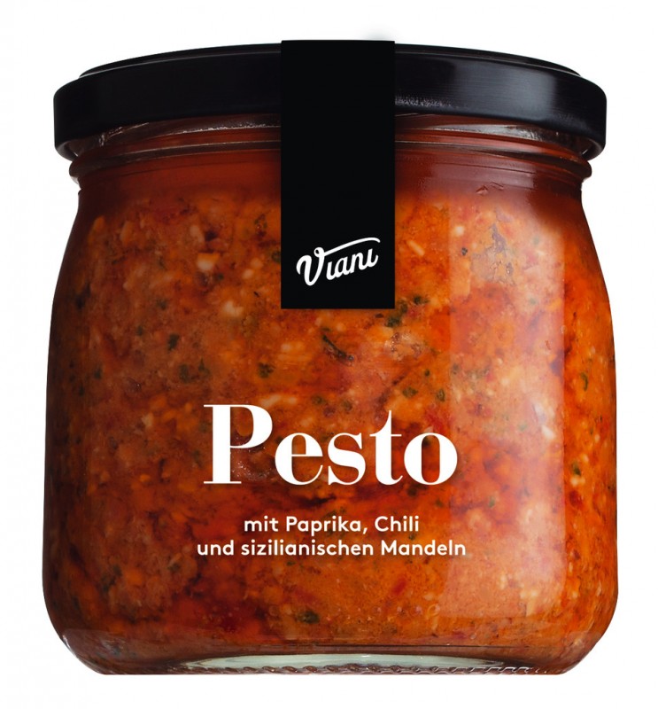 PESTO - Frisches Pesto mit Paprika und Chili, Frisches Paprikapesto mit Chili und Mandeln, Viani - 180 g - Glas PESTO - Frisches Pesto mit Paprika und Chili, Frisches Paprikapesto mit Chili und Mandeln, Viani - 180 g - Glas
