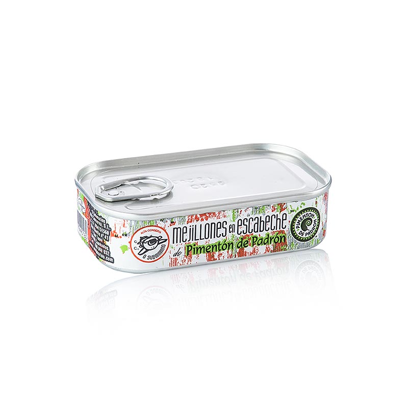 Marinierte Miesmuscheln, mit Padron Paprika, 125g (Atg. 73g), O Submarino - 125 g - Dose Marinierte Miesmuscheln, mit Padron Paprika, 125g (Atg. 73g), O Submarino - 125 g - Dose