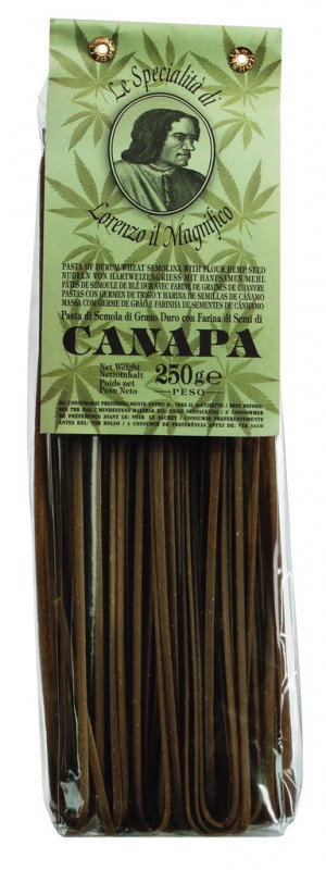 Linguine Canapa, båndpasta lavet af hård hvede semulje, cannabis, Lorenzo il Magnifico - 250 g - pack