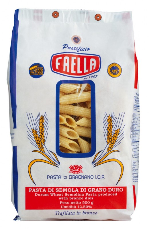 Penne Rigate IGP, pasta lavet af durum hvede semulje, faella - 500 g - pakke