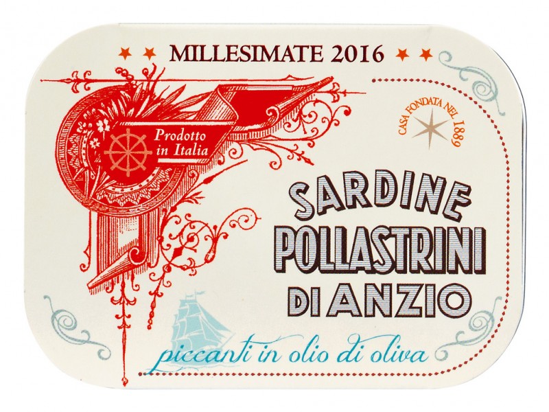 Sardine in olio d`oliva piccante Millesimate, vintage sardines in olijfolie met ChiliPollastrini - 100 g - Kan