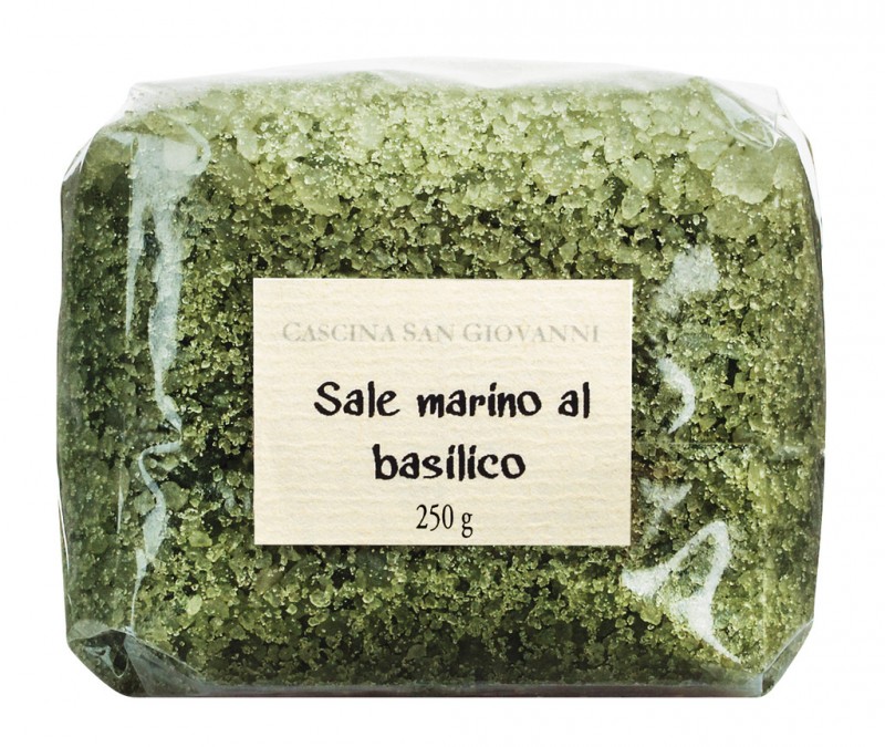 Sale marino al basilico, Meersalz mit BasilikumCascina San Giovanni - 250 g - Beutel Sale marino al basilico, Meersalz mit BasilikumCascina San Giovanni - 250 g - Beutel