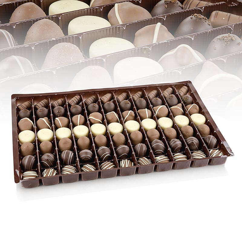 Chokolade slikblanding, 7 typer, tre mestere - 1 kg, ca. 77 stk - karton Chokolade slikblanding, 7 typer, tre mestere - 1 kg, ca. 77 stk - karton