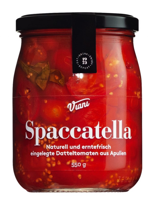 Spaccatella, halverede dadeltomater i deres egen juice, Viani - 550 g - Glas
