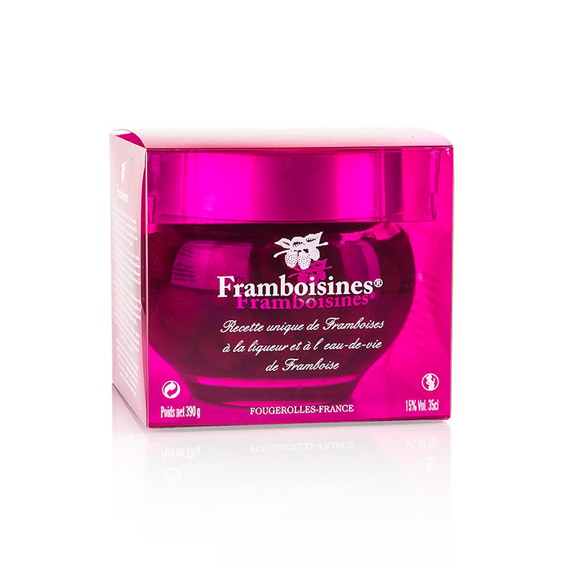 Framboisines - ingelegde frambozen in frambozenlikeur en frambozengeest 15% vol. - 390 g - Glas