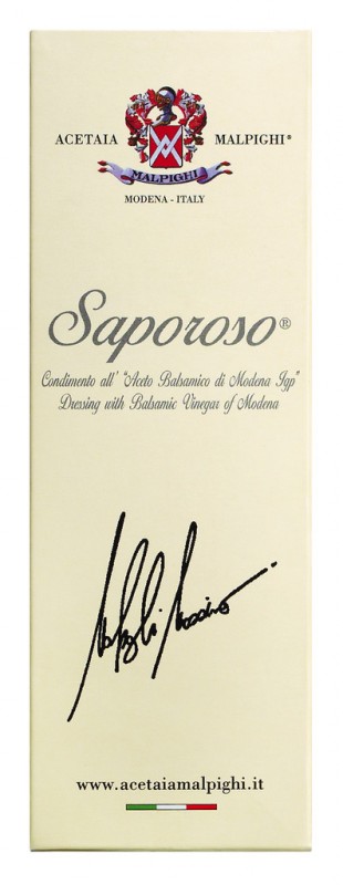 Saporoso Condimento all`aceto balsam. Di Modena IGP, balsamico-azijndressing, geschenkdoos, Malpighi - 200 ml - fles