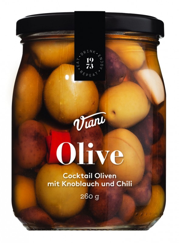 OLIV - Cocktailoliven med hvidløg og chili, blandede oliven med hvidløg og chili med sten, Viani - 260 g - Glas