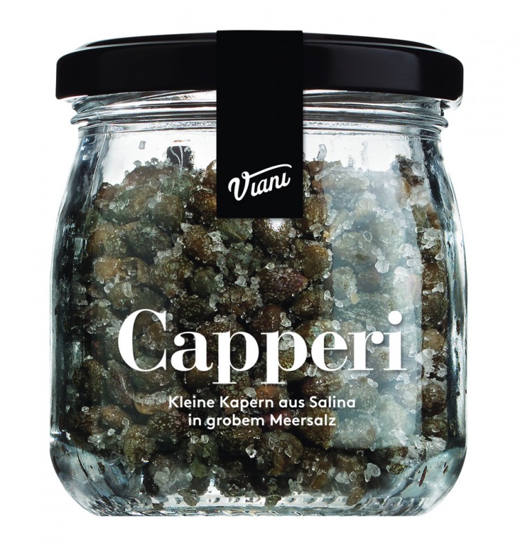 CAPPERI - Kappertjes uit Salina in zeezout, kappertjes in grof zeezout, Viani - 120 g - Glas