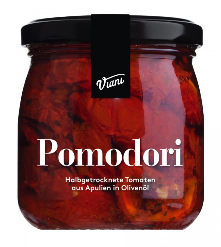 POMODORI - Halvtørrede tomater i olie, halvtørrede tomater i olie, Viani - 180 g - Glas