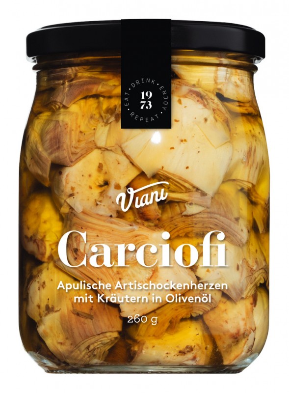 CARCIOFI - Coeurs d`artichaut aux herbes à l`huile, Artichauts des Pouilles aux herbes à l`huile, Viani - 260 grammes - Verre