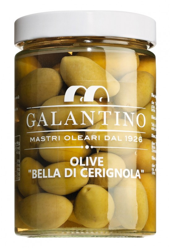 Olive verdi Bella di Cerignola, olives vertes, énorme, Galantino - 550 g - Le verre