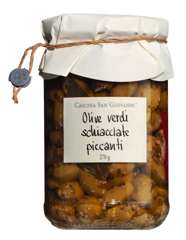 Olive verdi schiacciate piccanti, Pikante grüne Oliven, entsteint, Cascina San Giovanni - 280 g - Glas