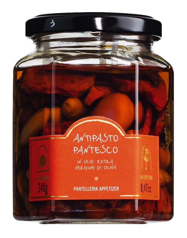 Antipasto Pantesco, drinks tomatoes, olives, capers in nat. Extra olive  oil, La Nicchia