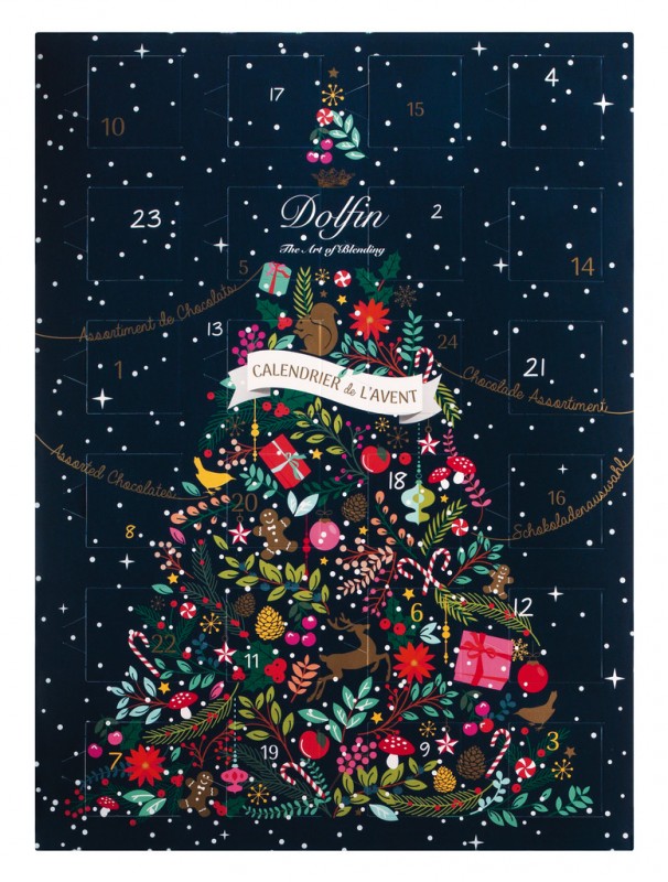 Calendrier de lavent, Adventskalender mit Schokoladensortiment, Dolfin - 108 g - Packung Calendrier de lavent, Adventskalender mit Schokoladensortiment, Dolfin - 108 g - Packung