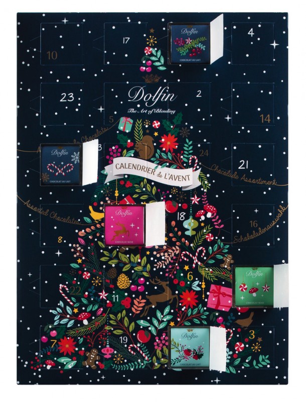 Calendrier de lavent, Adventskalender mit Schokoladensortiment, Dolfin - 108 g - Packung Calendrier de lavent, Adventskalender mit Schokoladensortiment, Dolfin - 108 g - Packung