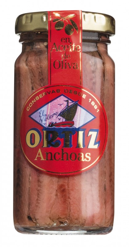 Anchovies in olive oil, Sardellen in Olivenöl, Glas, Ortiz - 95 g - Glas