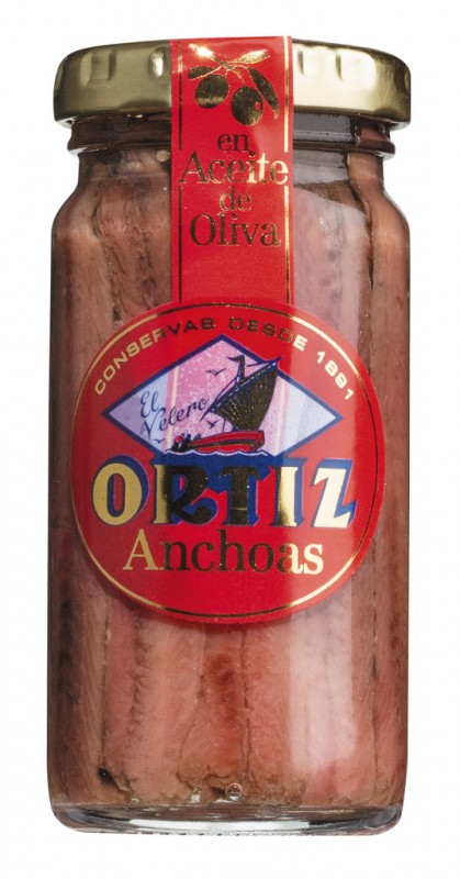 Anchois à l`huile d`olive, anchois à l`huile d`olive, verre, ortiz - 95 grammes - Verre