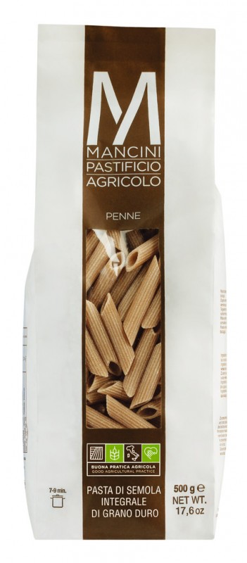 Penne Integrale, pasta made from wholemeal durum wheat semolina, Pasta Mancini - 500 g - pack