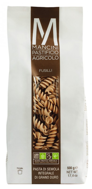 Fusilli Integrali, pasta fremstillet af fuld hvede, hård hvede, semulje, pasta Mancini - 500 g - pakke