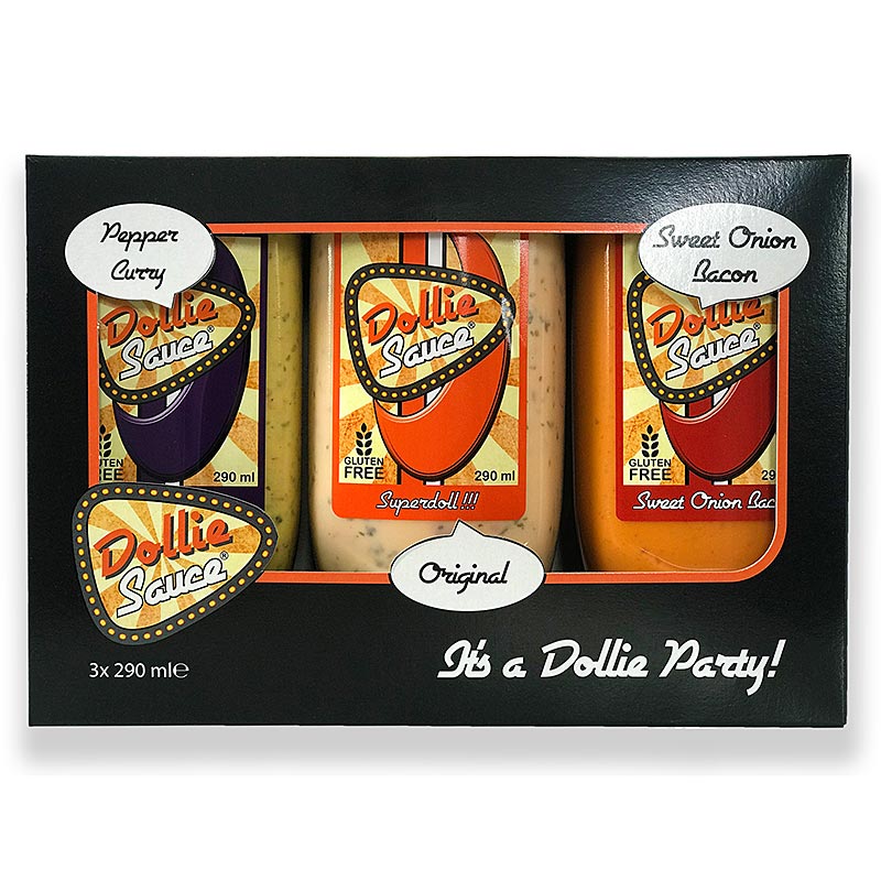 Dollie Saucen Set (Original, Pepper Curry, Sweet Onion Bacon) - 870 ml, 3 x 290ml - Karton Dollie Saucen Set (Original, Pepper Curry, Sweet Onion Bacon) - 870 ml, 3 x 290ml - Karton
