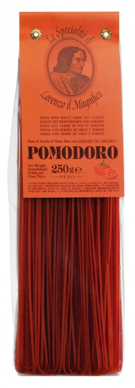 Tagliolini mit Tomaten, Dünne Bandnudeln mit Tomaten + Weizenkeimen, Lorenzo il Magnifico - 250 g - Packung