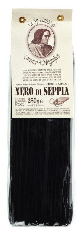 Sprog med blækspruttefarve, tagliatelle med blækfiskfarve + hvedekim, 3 mm, Lorenzo il Magnifico - 250 g - pakke Sprog med blækspruttefarve, tagliatelle med blækfiskfarve + hvedekim, 3 mm, Lorenzo il Magnifico - 250 g - pakke
