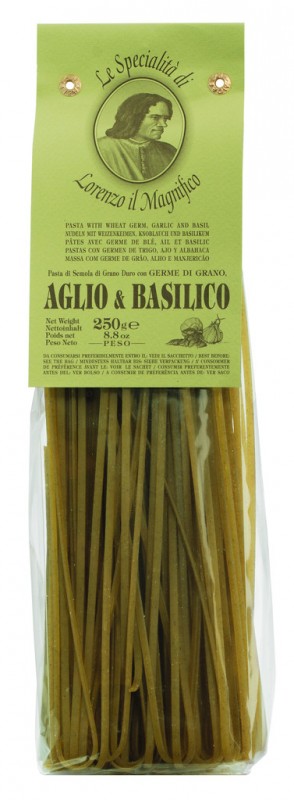 Linguine mit Knoblauch u. Basilikum, Bandnudeln mit Knoblauch u.Basilikum, 3 mm, Lorenzo il Magnifico - 250 g - Packung