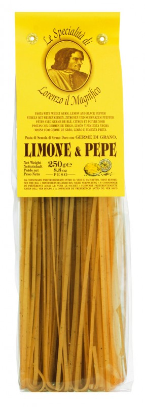 Linguine mit Zitrone und Pfeffer, Bandnudeln mit Zitrone+Pfeffer+Weizenkeimen, 3 mm, Lorenzo il Magnifico - 250 g - Packung