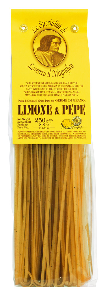 Linguine mit Zitrone und Pfeffer, Bandnudeln mit Zitrone + Pfeffer + Weizenkeimen, 3 mm, Lorenzo il Magnifico - 250 g - Packung Linguine mit Zitrone und Pfeffer, Bandnudeln mit Zitrone + Pfeffer + Weizenkeimen, 3 mm, Lorenzo il Magnifico - 250 g - Packung