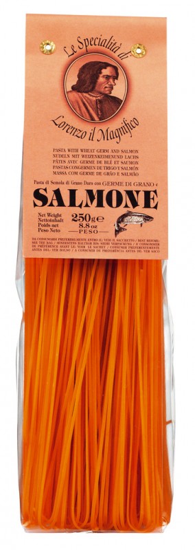 Tagliolini with salmon, thin ribbon pasta with salmon and wheat germ, Lorenzo il Magnifico - 250 g - pack