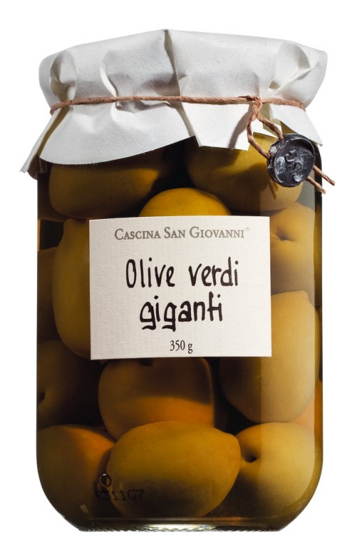 Olive verdi giganti, Grüne Oliven, groß in Salzlake, Cascina San Giovanni - 350 g - Glas