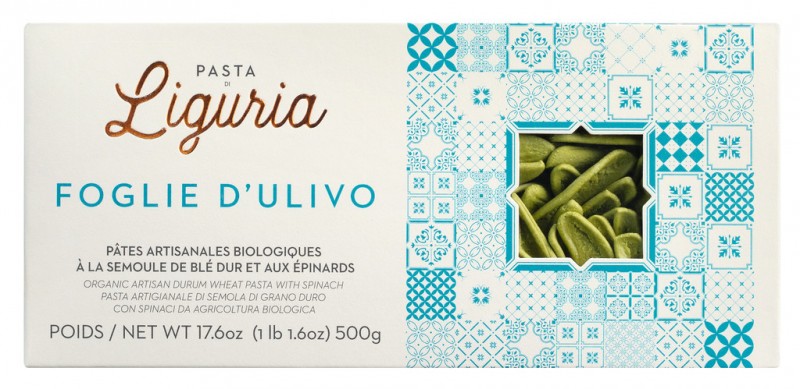 Foglie d`ulivo, bio, pâtes à base de semoule de blé dur aux épinards, bio, pasta di Liguria - 500 grammes - pack