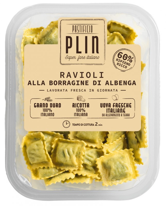 Ravioli alla borragine di Albenga, Ravioli, gefüllt mit Borretsch, Pastificio Plin - 250 g - Packung Ravioli alla borragine di Albenga, Ravioli, gefüllt mit Borretsch, Pastificio Plin - 250 g - Packung