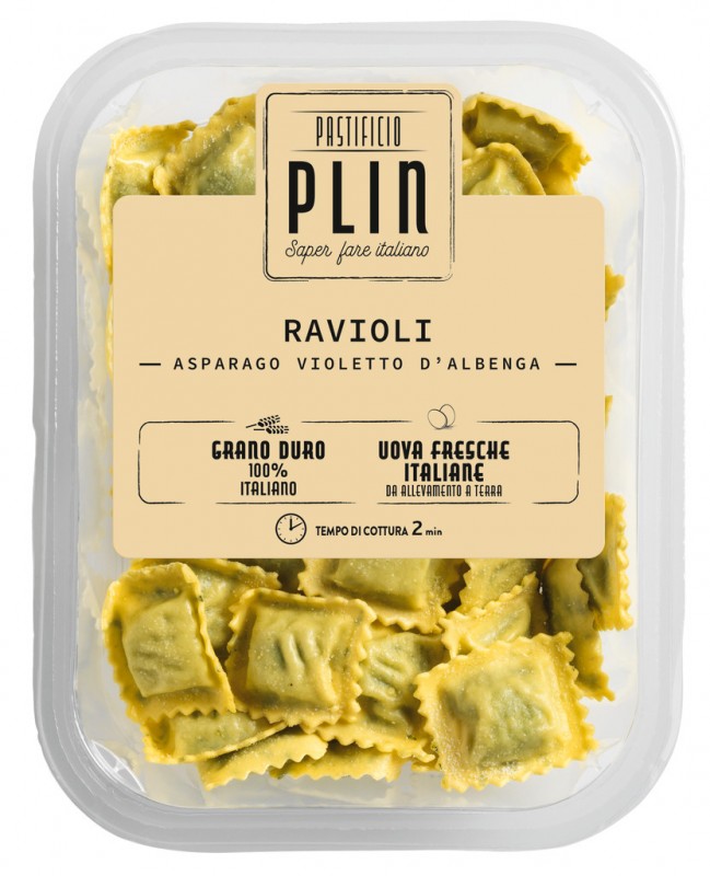 Ravioli con asparago violetto d`Albenga, Ravioli, gefüllt m. violett. Spargel, Pastificio Plin - 250 g - Packung Ravioli con asparago violetto d`Albenga, Ravioli, gefüllt m. violett. Spargel, Pastificio Plin - 250 g - Packung